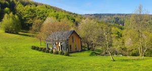 a small house in the middle of a green field at OFF Chata na Oślaku, Jacuzzi & Sauna in Jaworzna