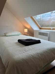 a bed with a black blanket on it with a window at Appart Duplex Proche Centre in Amiens