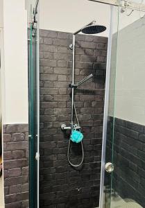 a shower with a glass door and a brick wall at Villa Dëbora, Lura 3 Gjiri i Lalëzit in Lalzit Bay