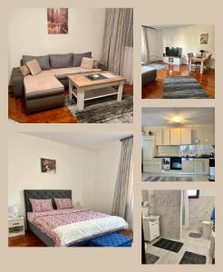 a collage of four pictures of a living room and kitchen at Apartman Palma in Zvornik +2 photos
