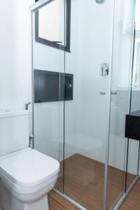 une salle de bain avec toilettes et douche en verre dans l'établissement Guaja - 745 - Amora Mel Apartamento, à Belo Horizonte