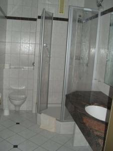 a bathroom with a shower and a toilet and a sink at Germania-46 in Böhl +5 photos