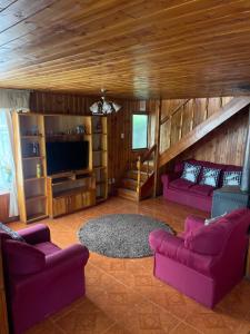 sala de estar con 2 sofás morados y TV en Casa Rukalma Centro, en Villarrica