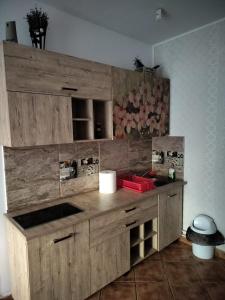 a kitchen with a large wooden counter top at Florentinas Apartment in Braşov