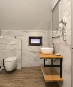 a bathroom with a sink and a toilet in it at Pensiunea Turistică La Tei in Bistricioara +25 photos