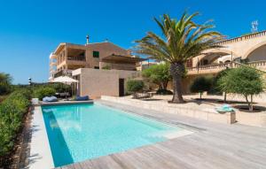 a swimming pool in a villa with a palm tree at Villa Cabrera in Colonia Sant Jordi