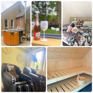 Un collage de imágenes con una botella de vino y una habitación. en Pure Wellness with massage, en Ewijk