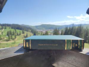 two books sitting on top of a wooden bench at Bucovina Sky View in Gura Humorului