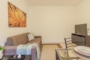 a living room with a couch and a tv at Le Foyer du Bizet in Lierna