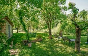 a yard with chairs and tables and trees at Awesome Apartment In Il Ferrone in Mercatale Val Di Pesa