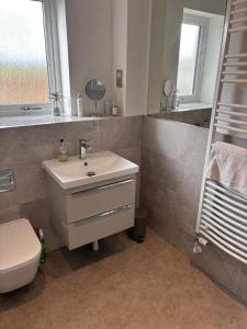 a bathroom with a sink and a toilet and a mirror at Gorgeous Dornoch apartment in Dornoch