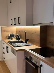 a kitchen with a sink and a stove at Dele Apartment Free Parking in Sarajevo +25 photos