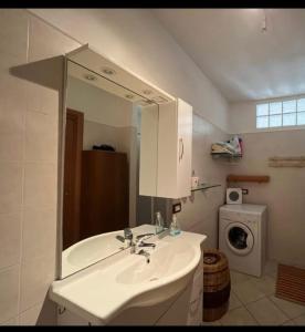 a bathroom with a sink and a mirror and a washing machine at Casa montagna relax in Cedegolo