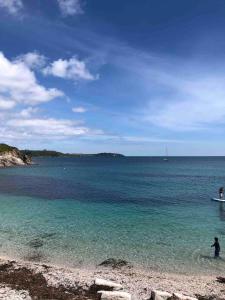 a person standing in the water on a beach at Stylish Room Close to Beaches in Falmouth