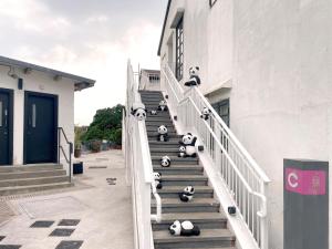 a group of pandas sitting on the stairs of a building at 饒宗頤文化館 - 翠雅山房 in Hong Kong