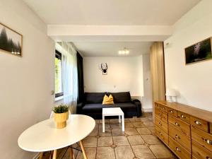 ein Wohnzimmer mit einer schwarzen Couch und einem Tisch in der Unterkunft Studio Żubrowe II in Przymorze