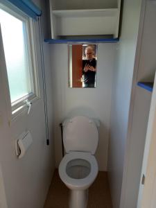 a bathroom with a toilet with a picture above it at mobilhomme omaha in Saint-Laurent-sur-Mer +15 photos