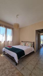 a bedroom with a large bed in a room with windows at Tsigaridas Mountain Home in Neokhórion