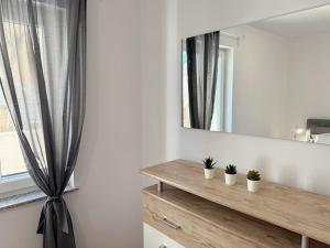 een badkamer met een wastafel met spiegel en planten bij Apartments Pinta de Sol in Čižići +125 foto's