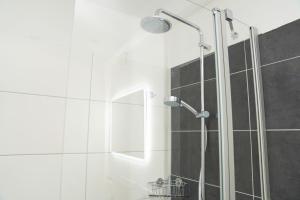 a shower with a glass door in a bathroom at unique - studio - Balkon - Küche -Waschmaschine in Bremen +12 photos