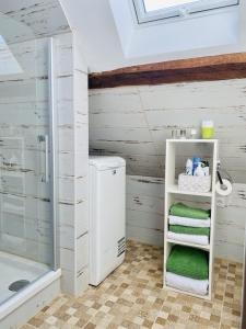 a bathroom with a shower and a white shelf with towels at Casa del Sol in Schwaigern +15 photos