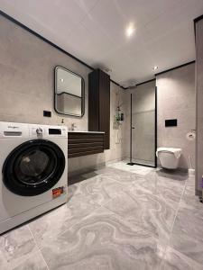 a washing machine in a bathroom with a toilet at Olden Apartment with Panorama view in Olden