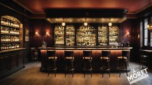 un bar con taburetes y botellas de alcohol en Moret Art Flats Trendy East Paris, en París