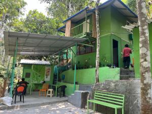 a green house with a man standing on the balcony at Bamboo leaf Homestay in Meppādi