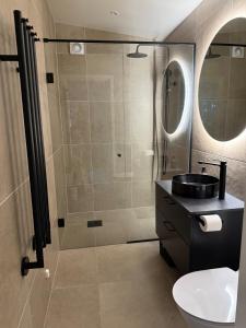 a bathroom with a shower and a toilet and a sink at Luxury leisure villa - private beach in Jönköping