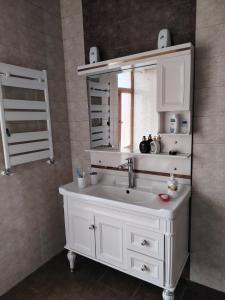 Un baño con un lavabo blanco y un espejo. en Garden House, en Mekhrably