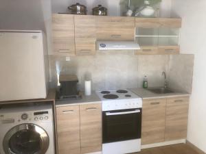a small kitchen with a stove and a sink at Barreira Beachfront Room 5 in Kalamata