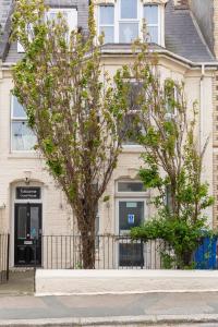 a house with a tree in front of a fence at Tolcarne Guest House in Newquay