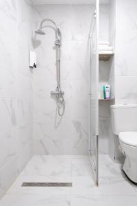 a white bathroom with a shower and a toilet at Hotel Le Grand Colombier in Brussels