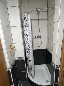 eine Dusche in einem Badezimmer mit Duschvorhang in der Unterkunft Apartments Marina in Sukošan + 37 Fotos