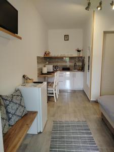 a room with a kitchen and a living room at Kaptárkő Apartmanház in Demjén +13 photos