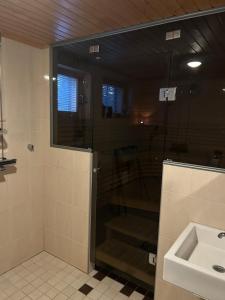 a bathroom with a shower and a sink at Traditional Lapland 2BR House with Private sauna in Nuupas +24 photos