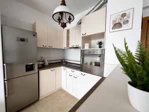 une cuisine avec des armoires blanches et un réfrigérateur en acier inoxydable dans l'établissement Viva La Vida By Iulius Mall, à Someşeni