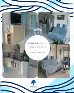 un collage de fotos de un dormitorio y una cocina en Studio Bleu Riviera - Évasion en bord de mer, en Port-la-Nouvelle
