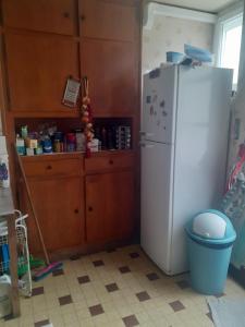 a kitchen with a white refrigerator and wooden cabinets at Yvinet in Chéniers