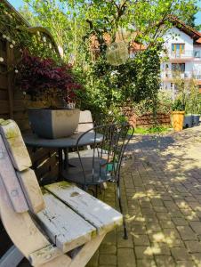 a bench and a table with a planter on it at MAYA apartament in Jantar