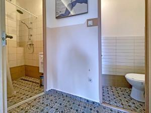 un bagno con wc e doccia di Film Poster or Coffee Basement Apartman with terrace a Budapest