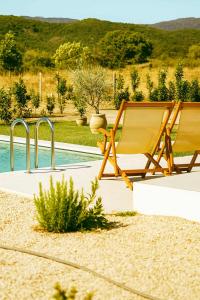 two wooden chairs sitting next to a swimming pool at Aristotelia Gi Domes - Luxury Private Pool Retreats in Olympiada