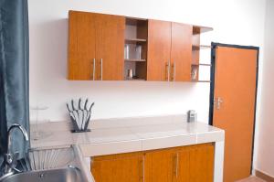 a kitchen with a sink and wooden cabinets at Smooth apartments and tours in Livingstone