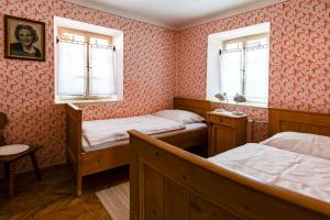 a bedroom with two beds and two windows at House, Garden and a Green Cat in Bled