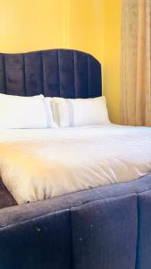 a bedroom with a bed with a blue headboard at Spacious City Home in Kampala
