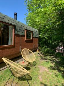 two chairs and a table in front of a cabin at Irenes Tinyhouse in Markt Nordheim