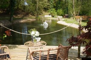 a table with two chairs and a lake with a fountain at Maison Jenny Hotel Restaurant & Spa in Hagenthal-le-Bas