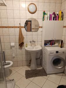 a bathroom with a sink and a washing machine at Miętowa Przystań in Mielno +64 photos