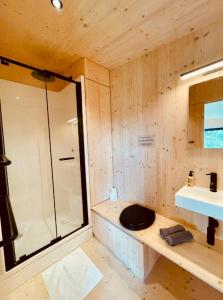 un bagno con doccia, WC e lavandino di Wild Cabins Kinvara a Cloonnasee