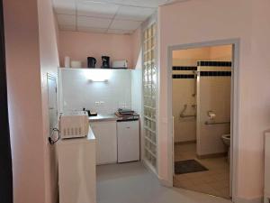 una pequeña cocina con lavabo y aseo en Le Lerry aux Pierres Bleues, en Surtainville